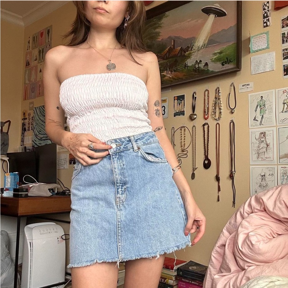 Topshop Light Blue A-Line Denim Skirt